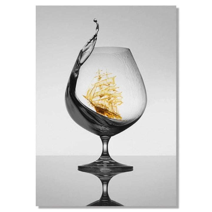 Black Wine Glass With Boat Wall Art - Canvas Wall Art Painting | Bowlift