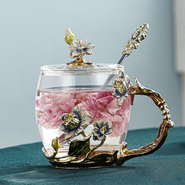 BowLift | Handcrafted enamel flower glass mug for couples love gift can serve coffee, flavored tea or even lemon juice in