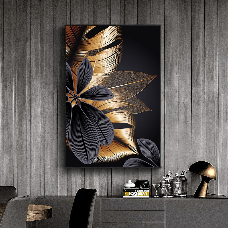 Luxury Black Golden Leaf Wall Art Fine Art Canvas Prints Modern Abstract Tropical Botanical Upscale Pictures For Living Room Loft Apartment Home Office Decor | Bowlift