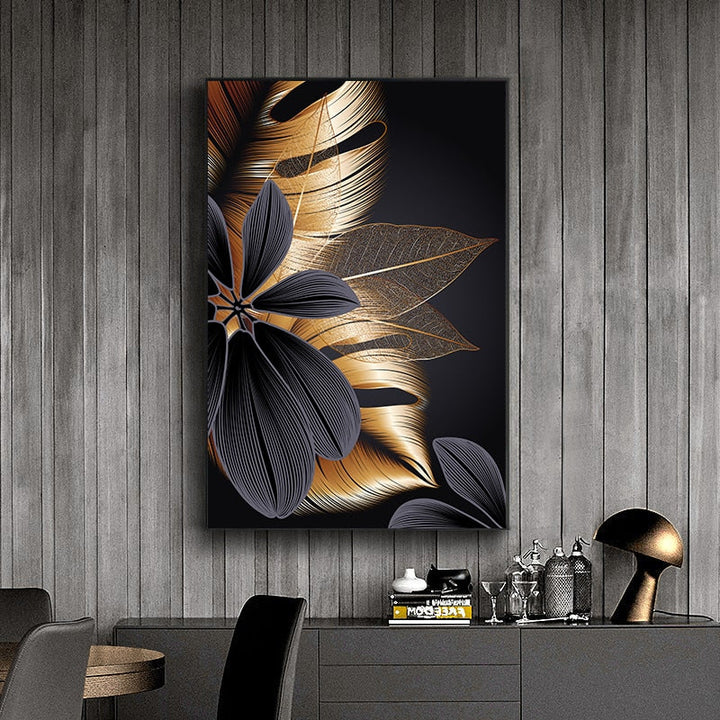 Luxury Black Golden Leaf Wall Art Fine Art Canvas Prints Modern Abstract Tropical Botanical Upscale Pictures For Living Room Loft Apartment Home Office Decor | Bowlift