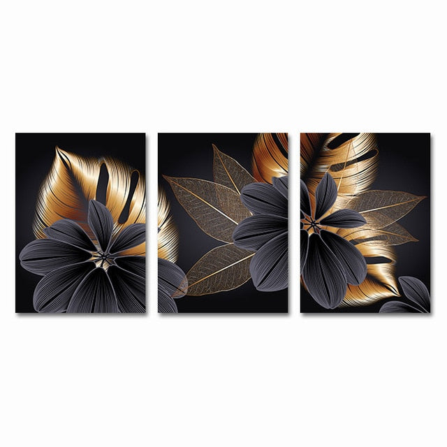 Luxury Black Golden Leaf Wall Art Fine Art Canvas Prints Modern Abstract Tropical Botanical Upscale Pictures For Living Room Loft Apartment Home Office Decor | Bowlift