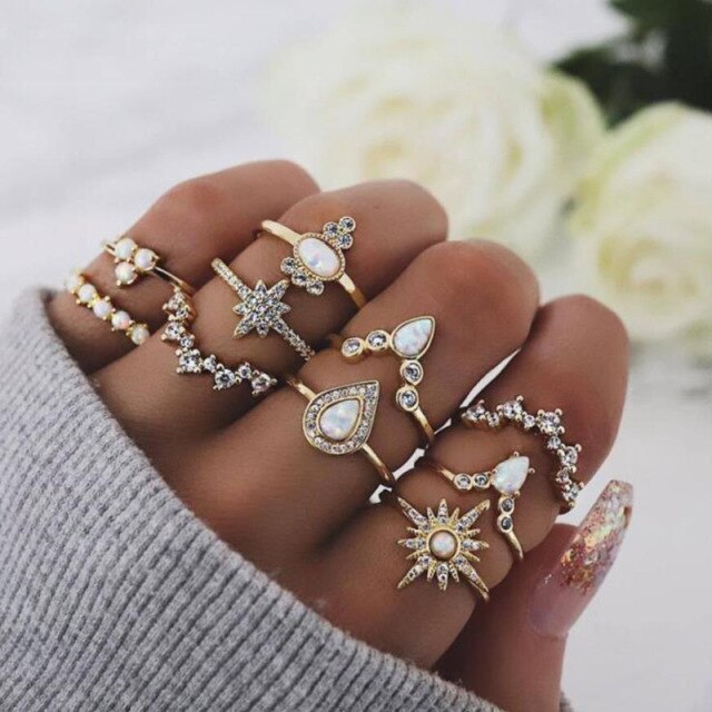 BowLift | Fashion Crystal Gold color  Geometric Knuckle Rings set