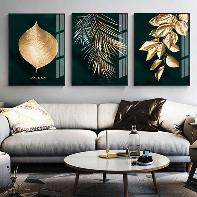 Abstract Golden Plant Leaves - Canvas Wall Art Painting | Bowlift