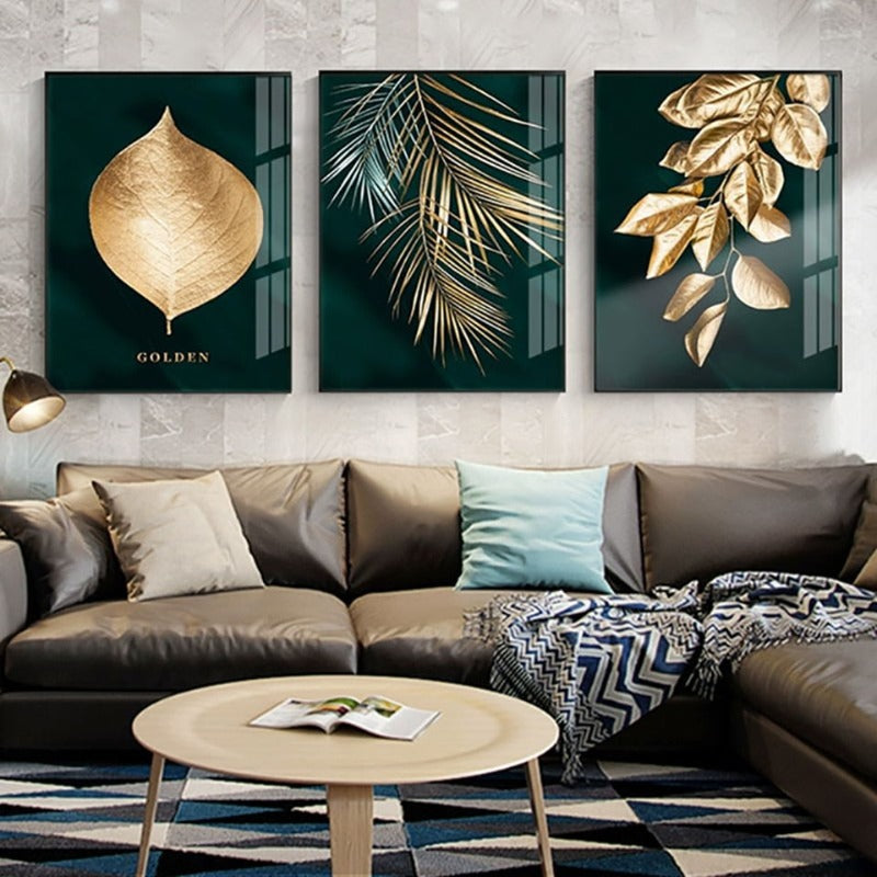 Abstract Golden Plant Leaves - Canvas Wall Art Painting | Bowlift