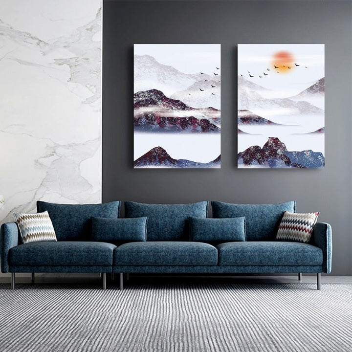 Mountain's Red Sun - Canvas Wall Art Painting | Bowlift