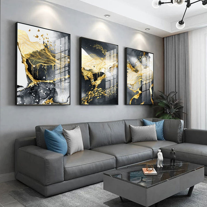 Golden, Black, and White Splashes - Canvas Wall Art Painting | Bowlift