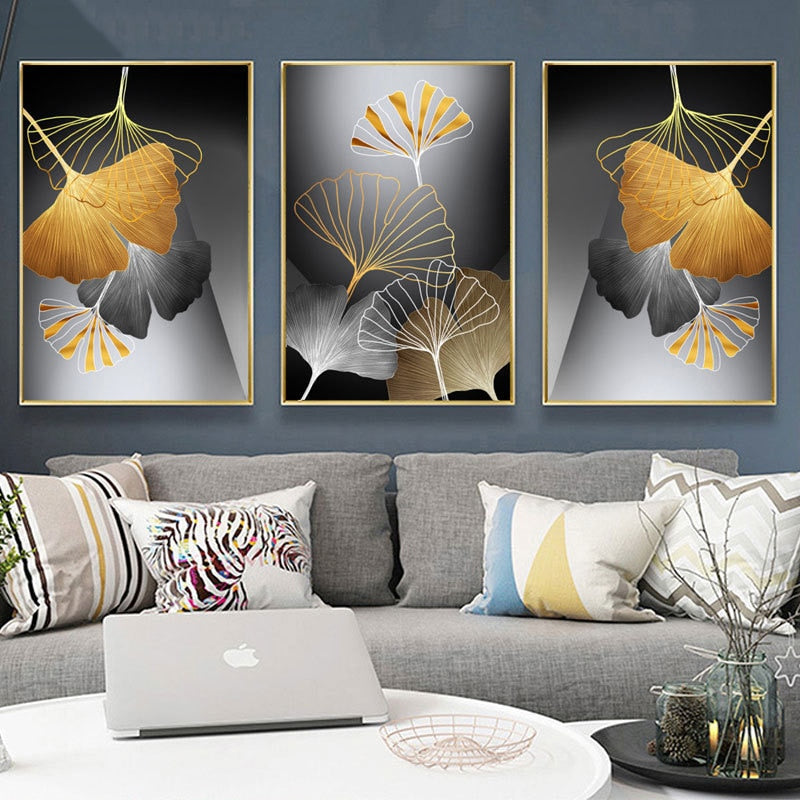 Golden Tropical Leaf Abstract - Canvas Wall Art Painting | Bowlift