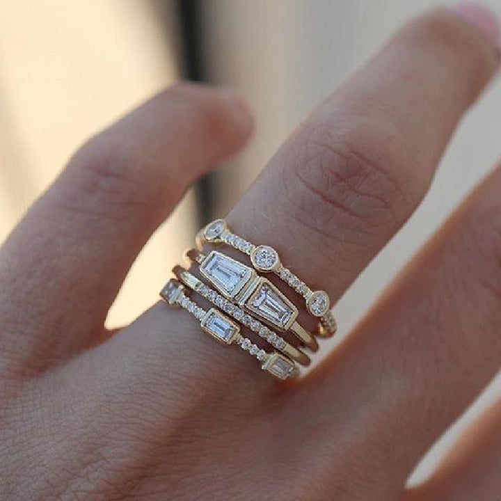 BowLift | Geometric Gold Color Combination Round Zircon Crystal Rings Set