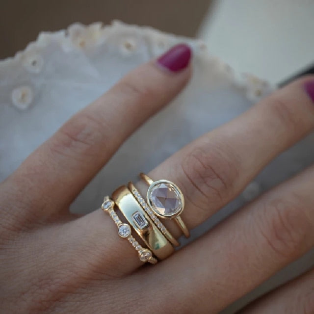 BowLift | Geometric Gold Color Combination Round Zircon Crystal Rings Set