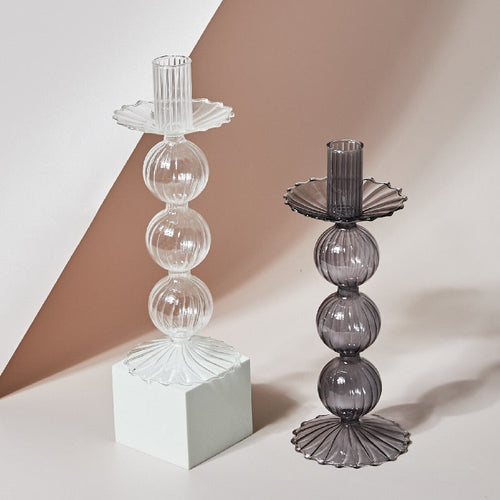 Glass Candle Holder - Lace Tray - Grey, Transparent | Bowlift