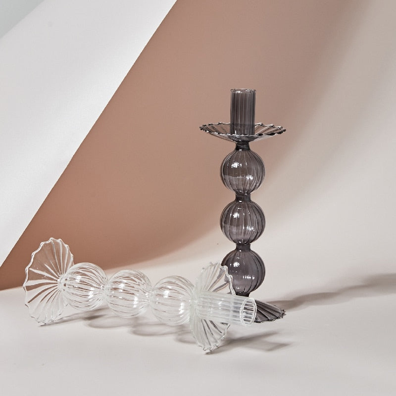 Glass Candle Holder - Lace Tray - Grey, Transparent | Bowlift