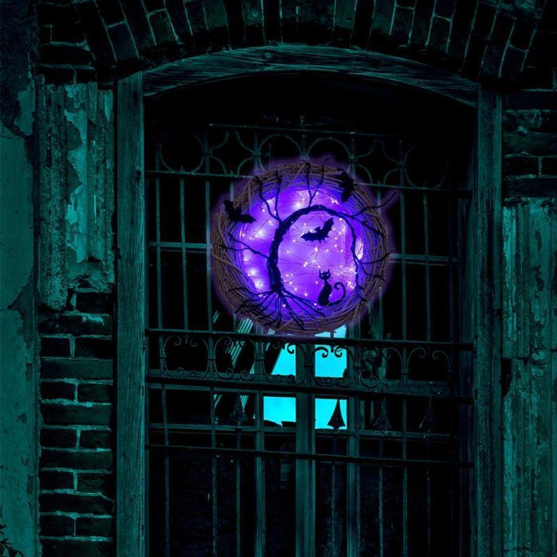 BowLift | Black Bat Cat Halloween Door Wreath Led Light
