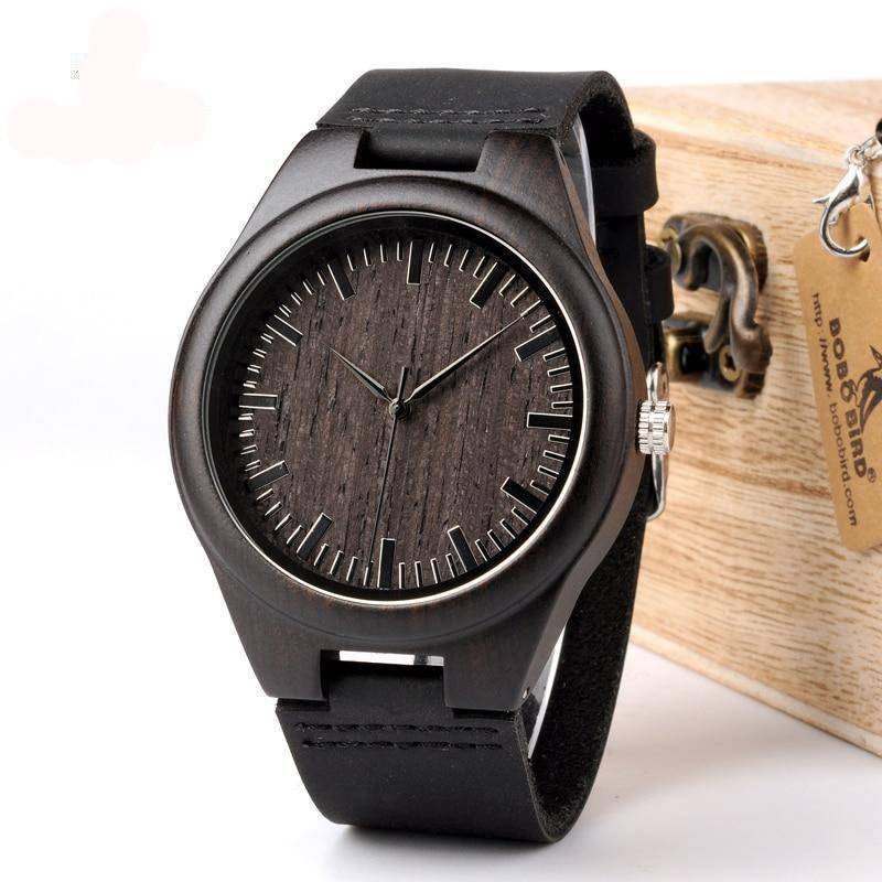 BowLift | Mens Black Wooden Watch With Real Leather - Quartz, Natural Ebony Wood