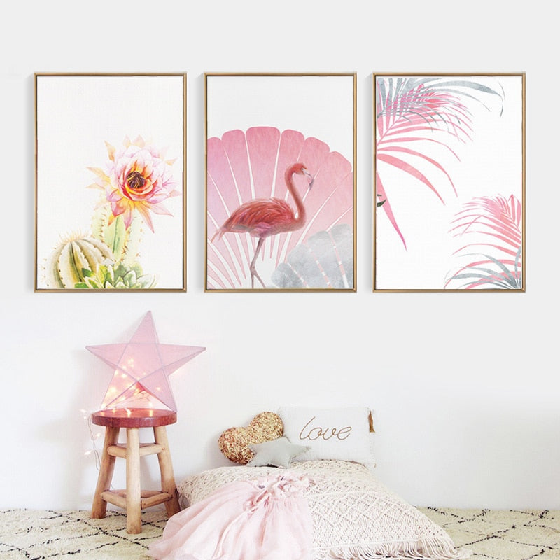 Pink Flamingo Flowers Girls - Canvas Wall Art Painting | Bowlift