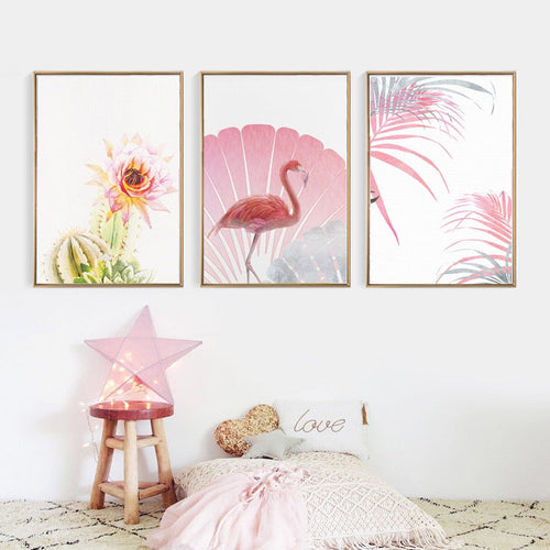 Pink Flamingo Flowers Girls - Canvas Wall Art Painting | Bowlift