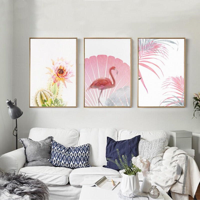 Pink Flamingo Flowers Girls - Canvas Wall Art Painting | Bowlift