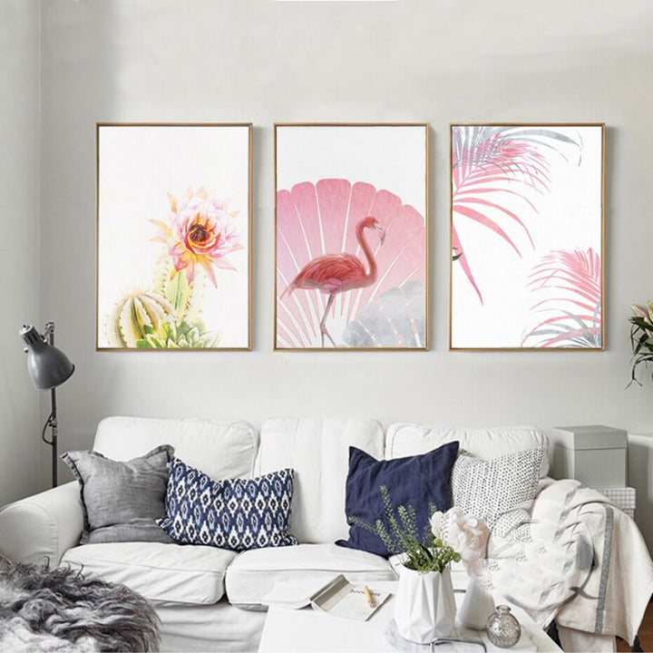 Pink Flamingo Flowers Girls - Canvas Wall Art Painting | Bowlift