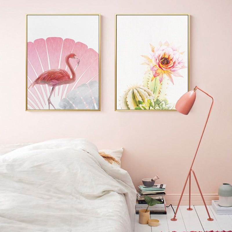 Pink Flamingo Flowers Girls - Canvas Wall Art Painting | Bowlift