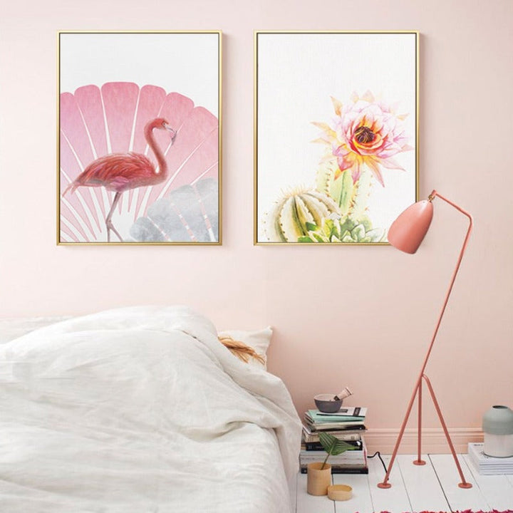 Pink Flamingo Flowers Girls - Canvas Wall Art Painting | Bowlift