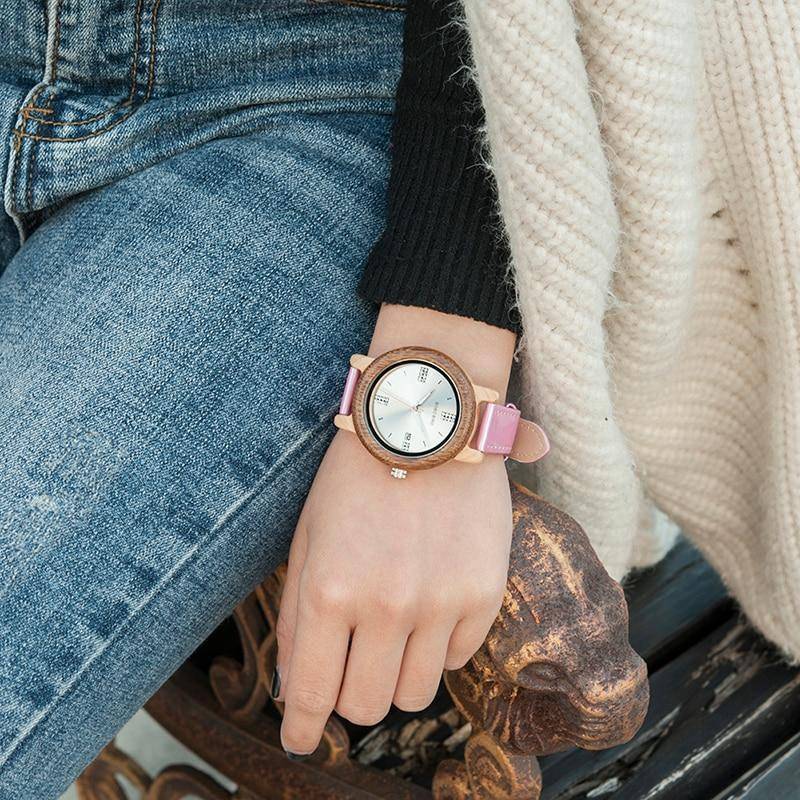 BowLift | Womens Wooden Watch (Pink or Red) With Date Display