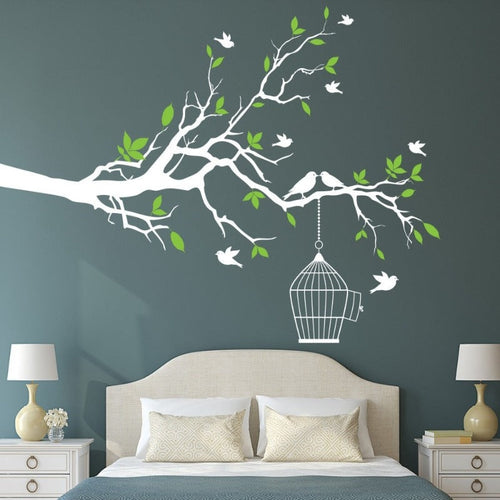 Tree Branch Wall Art Sticker with Bird Cage Removable Vinyl Wall Decals | Bowlift