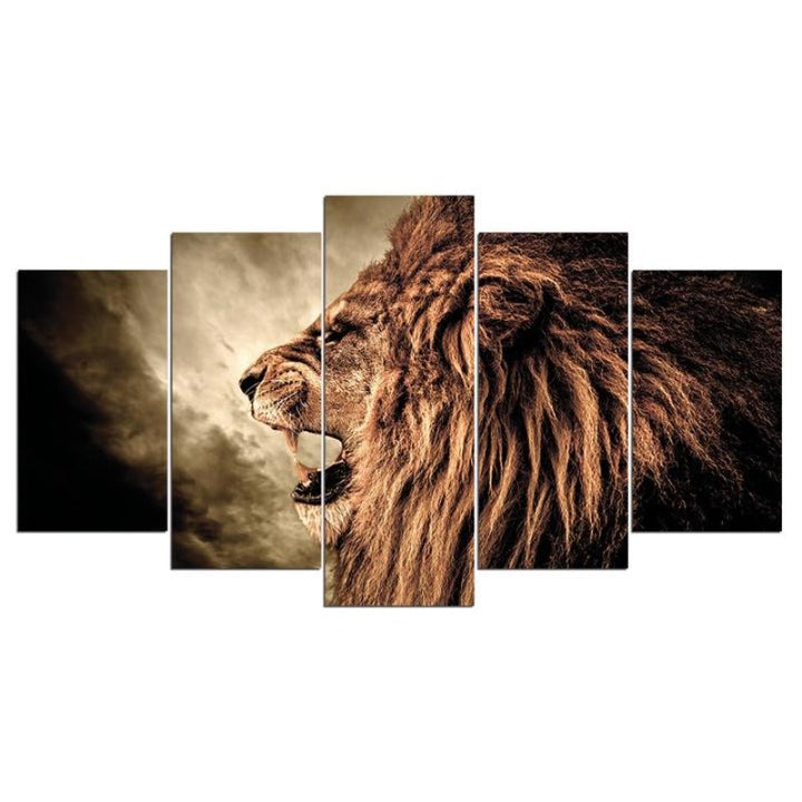 Grand Lion Howl | Roaring Lion - 5 Piece Canvas Wall Art Painting | Bowlift