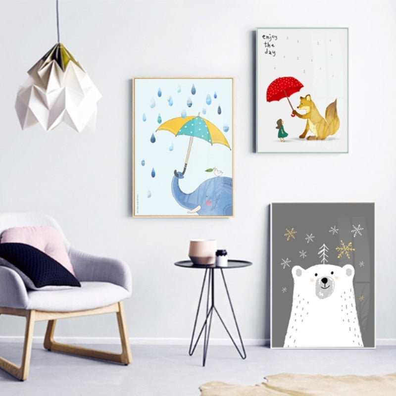 Cartoon Animals Bear Fox - Canvas Wall Art Painting | Bowlift