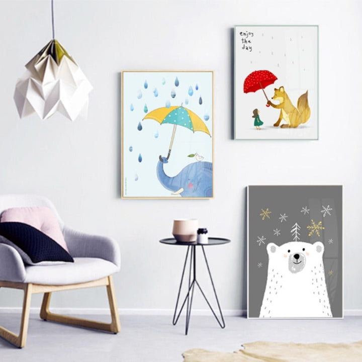 Cartoon Animals Bear Fox - Canvas Wall Art Painting | Bowlift