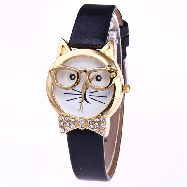 BowLift | Attractive Funky Glasses Cat With Studded Stones And Genuine Leather Bracelet Women Watch