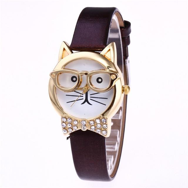 BowLift | Attractive Funky Glasses Cat With Studded Stones And Genuine Leather Bracelet Women Watch