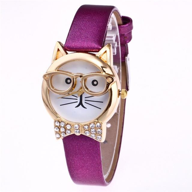 BowLift | Attractive Funky Glasses Cat With Studded Stones And Genuine Leather Bracelet Women Watch