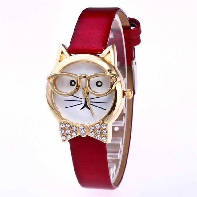 BowLift | Attractive Funky Glasses Cat With Studded Stones And Genuine Leather Bracelet Women Watch