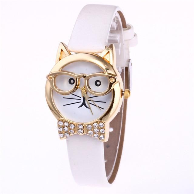 BowLift | Attractive Funky Glasses Cat With Studded Stones And Genuine Leather Bracelet Women Watch