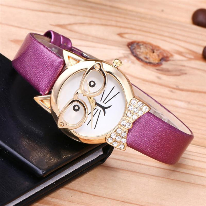 BowLift | Attractive Funky Glasses Cat With Studded Stones And Genuine Leather Bracelet Women Watch