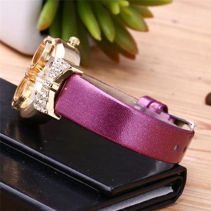 BowLift | Attractive Funky Glasses Cat With Studded Stones And Genuine Leather Bracelet Women Watch
