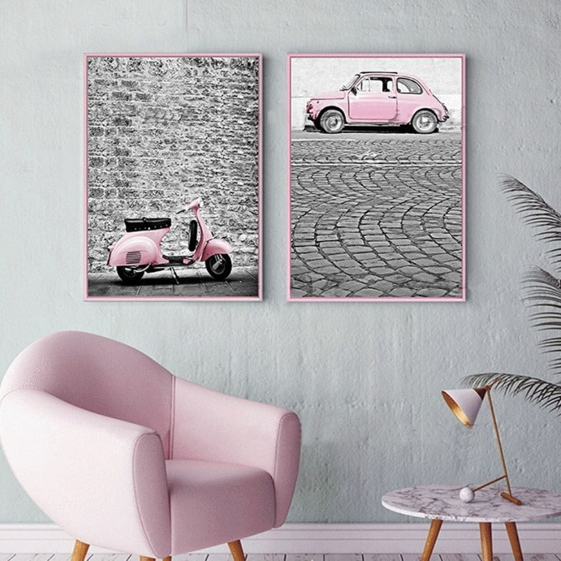 City Landscape Pink Car-Canvas Wall Art Painting | Bowlift