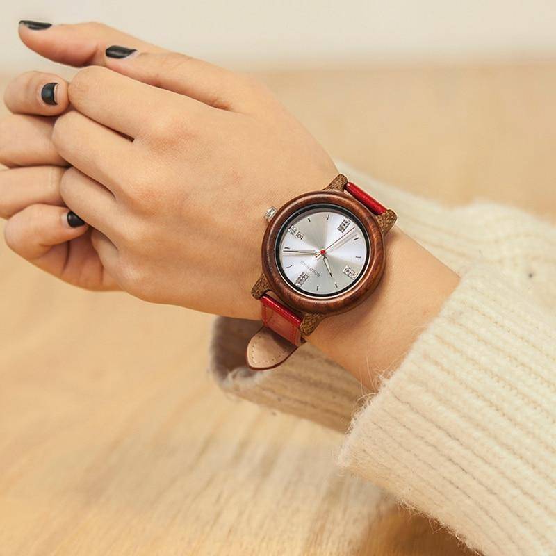 BowLift | Womens Wooden Watch (Pink or Red) With Date Display