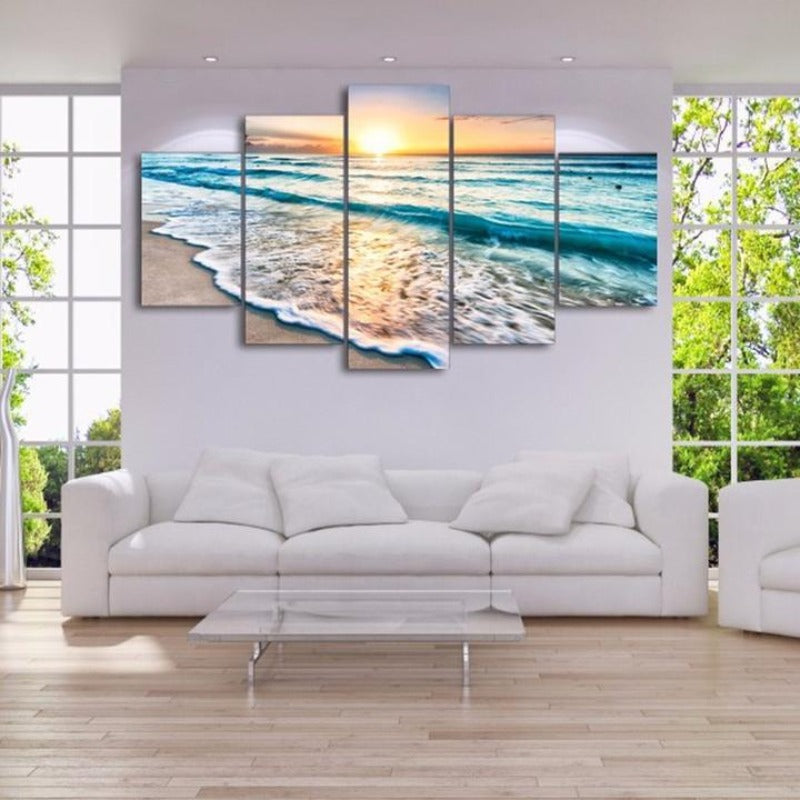 Sunset Beach 5 Piece Canvas Wall Art Painting | Coastal Beach Sunset Decor for Living Room & Bedroom | Bowlift