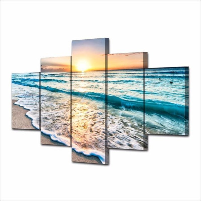 Sunset Beach 5 Piece Canvas Wall Art Painting | Coastal Beach Sunset Decor for Living Room & Bedroom | Bowlift
