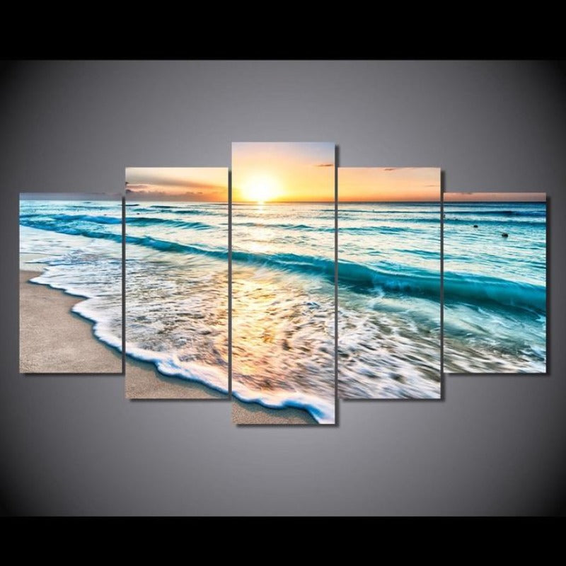 Sunset Beach 5 Piece Canvas Wall Art Painting | Coastal Beach Sunset Decor for Living Room & Bedroom | Bowlift