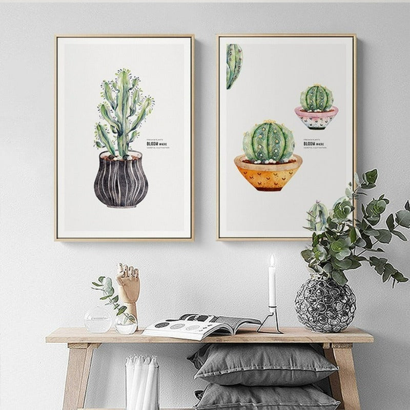 Nordic Cactus Flower Potted Plant Poster - Canvas Wall Art Painting | Bowlift