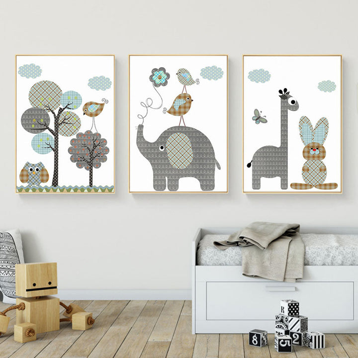 Cartoon Giraffe Rabbit Elephant Animals - Canvas Wall Art Painting | Bowlift