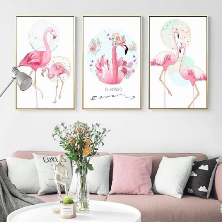 Pink Flamingo Animals Flower Poster - Canvas Wall Art Painting | Bowlift