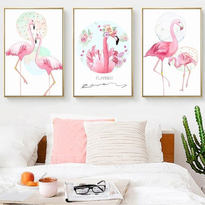 Pink Flamingo Animals Flower Poster - Canvas Wall Art Painting | Bowlift