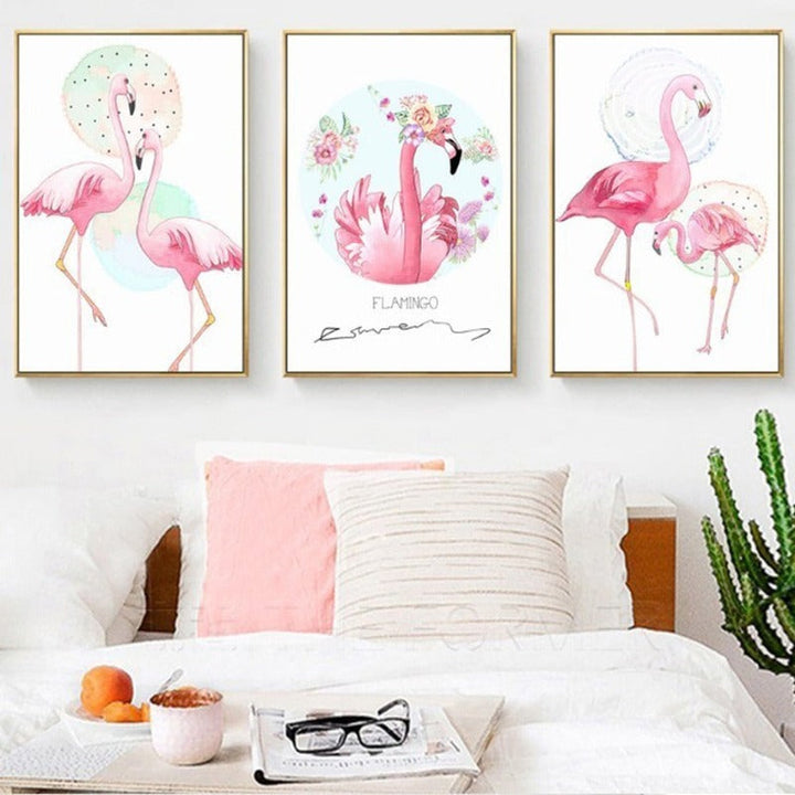 Pink Flamingo Animals Flower Poster - Canvas Wall Art Painting | Bowlift