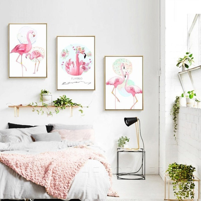 Pink Flamingo Animals Flower Poster - Canvas Wall Art Painting | Bowlift
