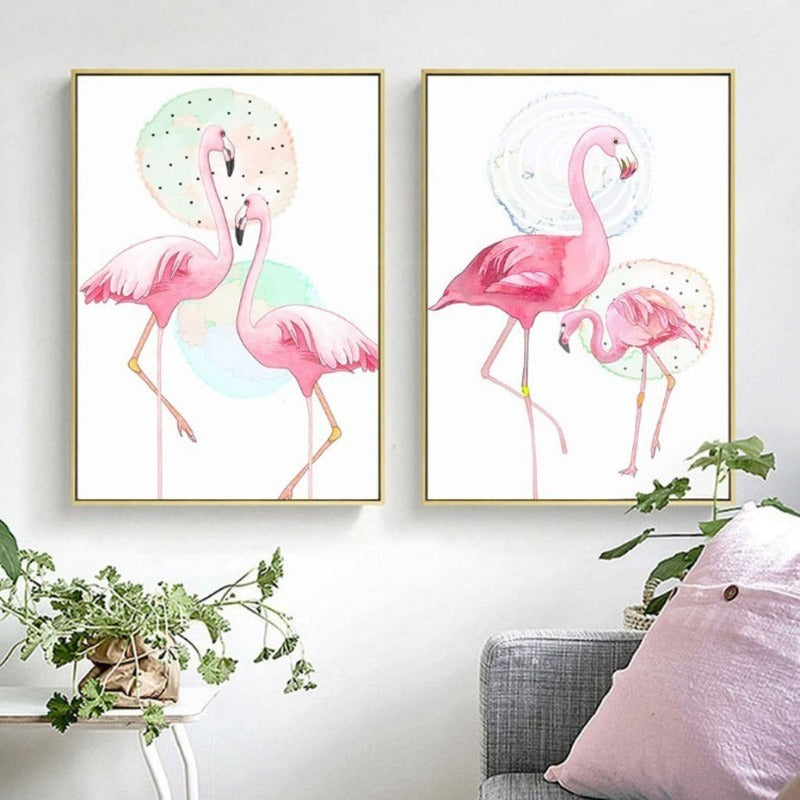 Pink Flamingo Animals Flower Poster - Canvas Wall Art Painting | Bowlift