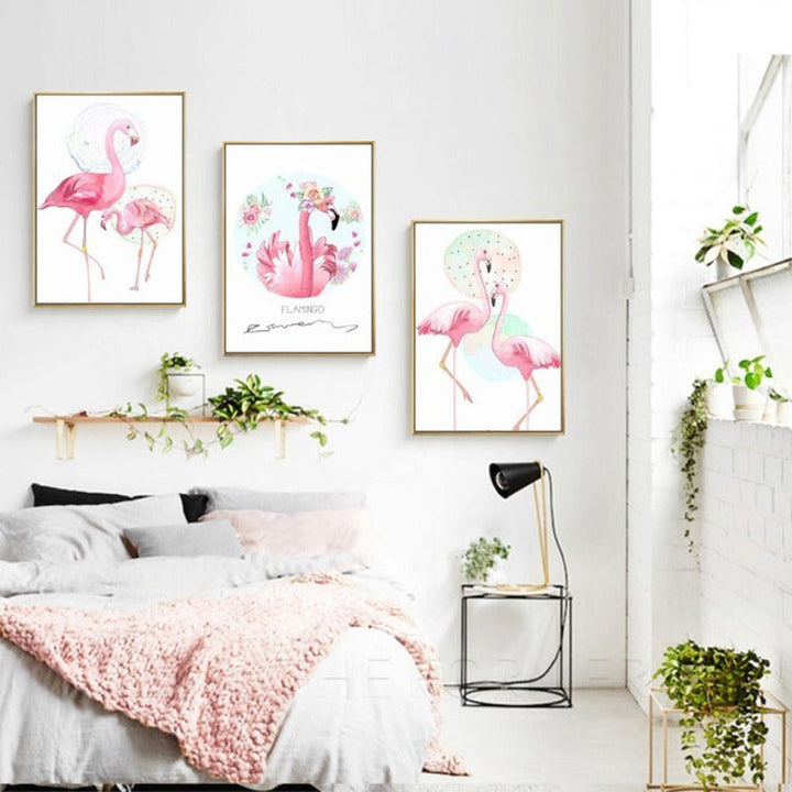 Pink Flamingo Animals Flower Poster - Canvas Wall Art Painting | Bowlift