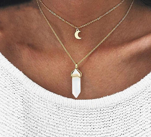 Multi Layered Moon & Crystal Drop Pendant Necklace | Bowlift