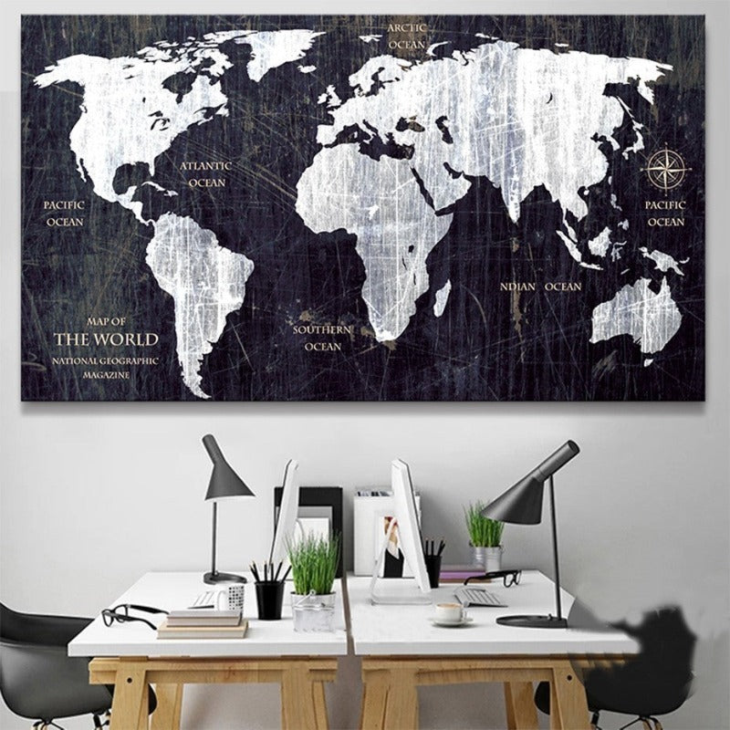 Vintage Black And White World Map Posters Prints - Canvas Wall Art Painting | Bowlift